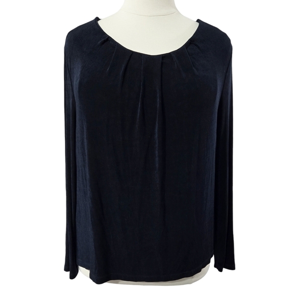Chico's Travelers Dark Navy Blue Slinky Knit Pleated Scoop Neck Blouse Stretch - Picture 1 of 8